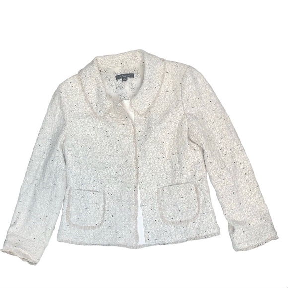 ANN TAYLOR: Cream Tweed Blazer with Fringe Trim - Size 4 - Picture 4 of 12